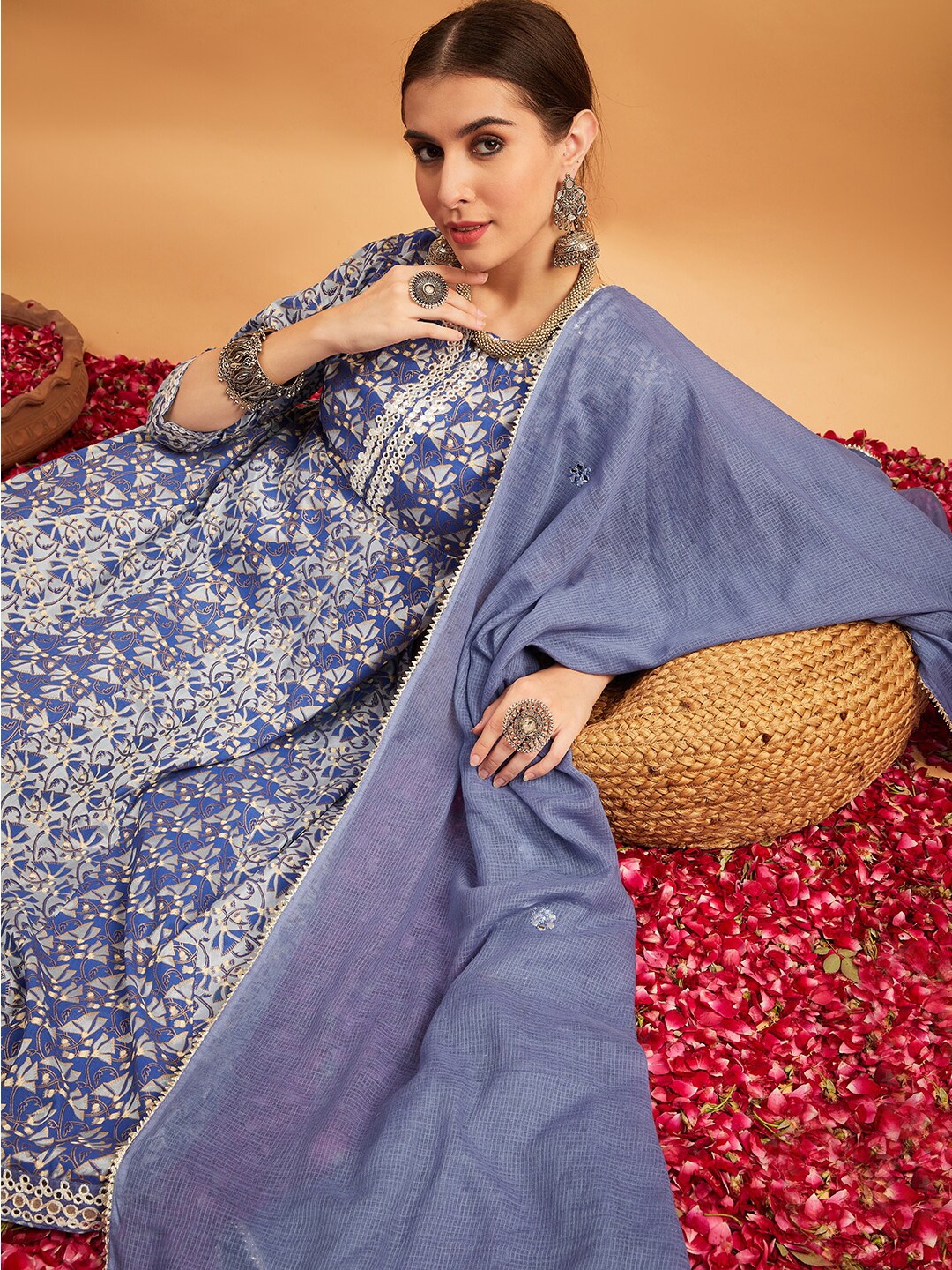 

Anouk Ethnic Motifs Printed Pleated Mirror Work Pure Cotton Kurta with Trousers & Dupatta, Blue