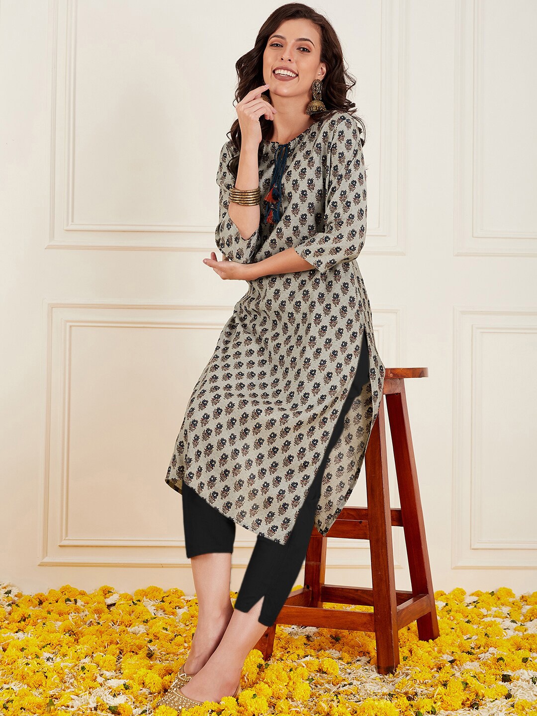 

Anouk Grey Ethnic Motifs Printed Tie-Up Neck Chanderi Silk Straight Kurta