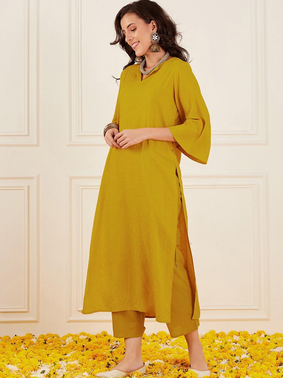 

Anouk Regular V-Neck Bell Sleeves Kurta with Trousers, Mustard