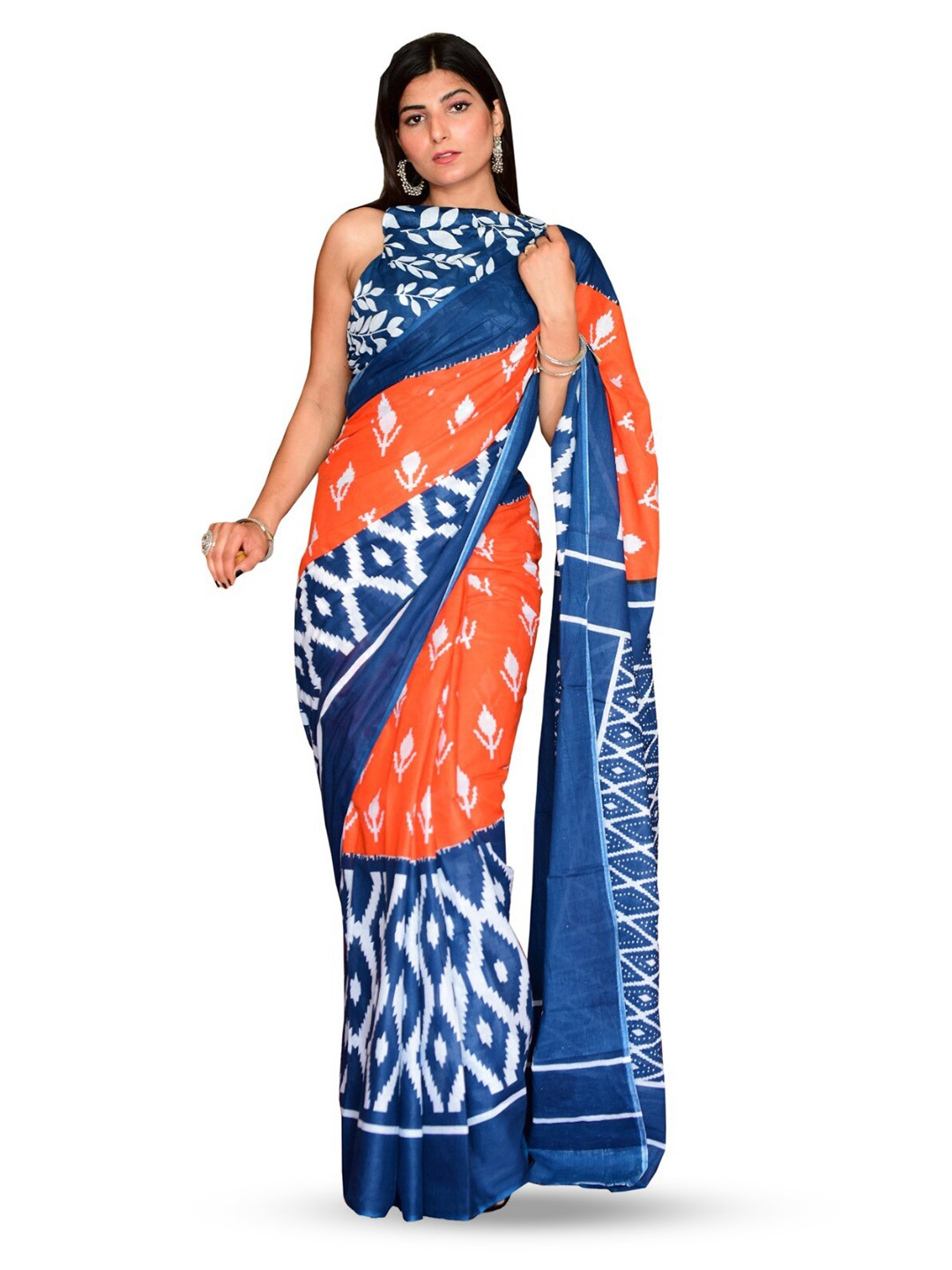 

TROPWEAR Ethnic Motifs Printed Pure Cotton Block Print Saree, Orange