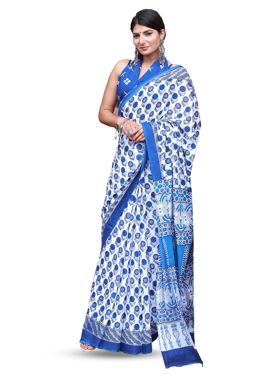 

TROPWEAR Ethnic Motifs Printed Pure Cotton Block Print Saree, Blue