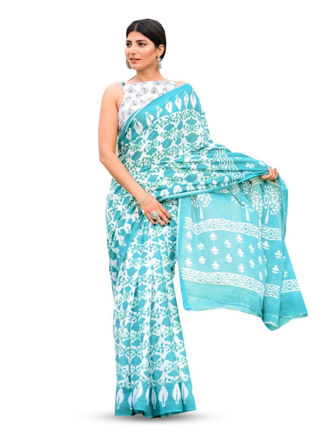 

TROPWEAR Ethnic Motifs Ikat Printed Pure Cotton Block Print Saree, Turquoise blue