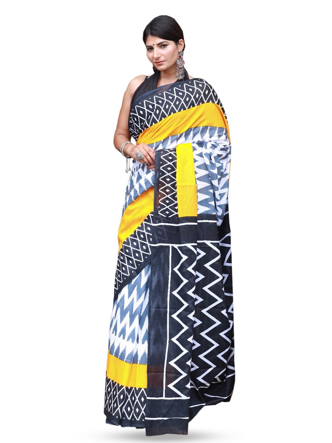 

TROPWEAR Chevron Ikat Printed Pure Cotton Block Print Saree, Yellow