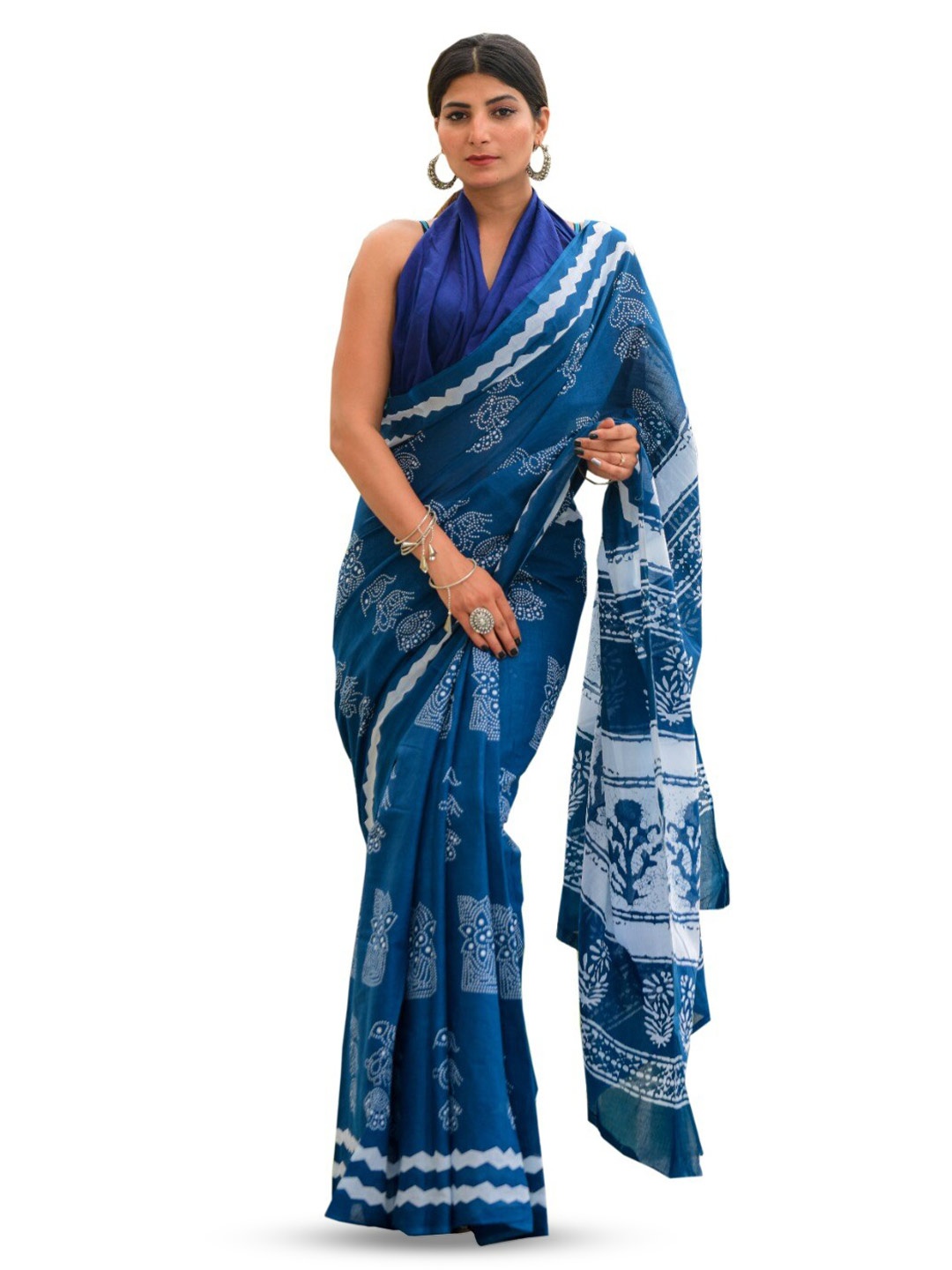 

TROPWEAR Ethnic Motifs Printed Pure Cotton Block Print Saree, Blue