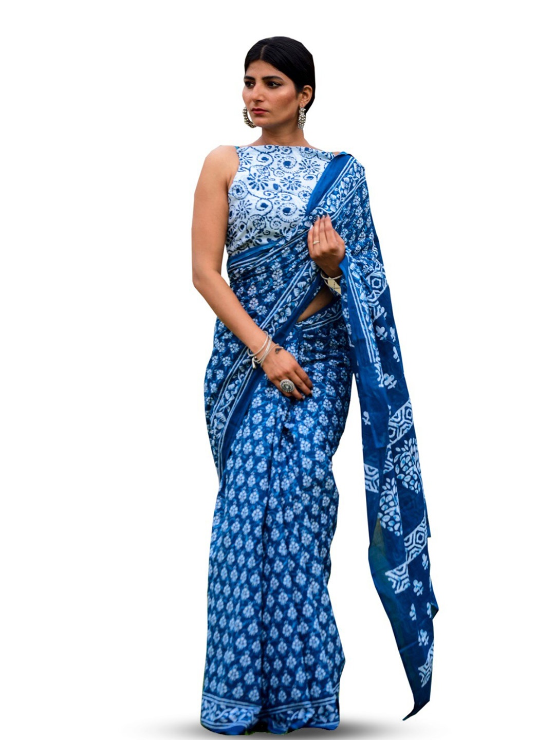 

TROPWEAR Ethnic Motifs Block Printed Pure Cotton Saree, Blue