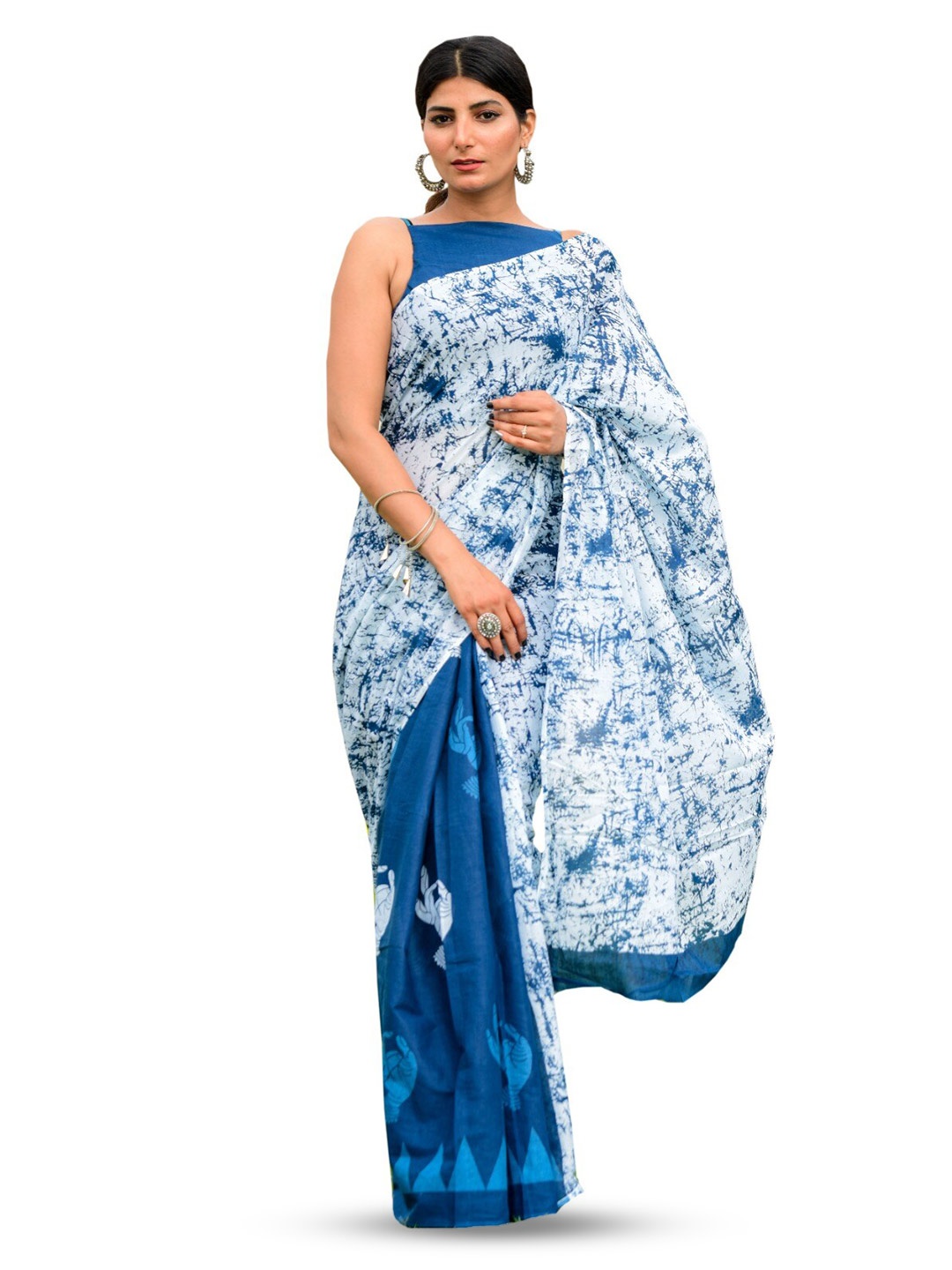 

TROPWEAR Ethnic Motifs Block Printed Pure Cotton Saree, Blue