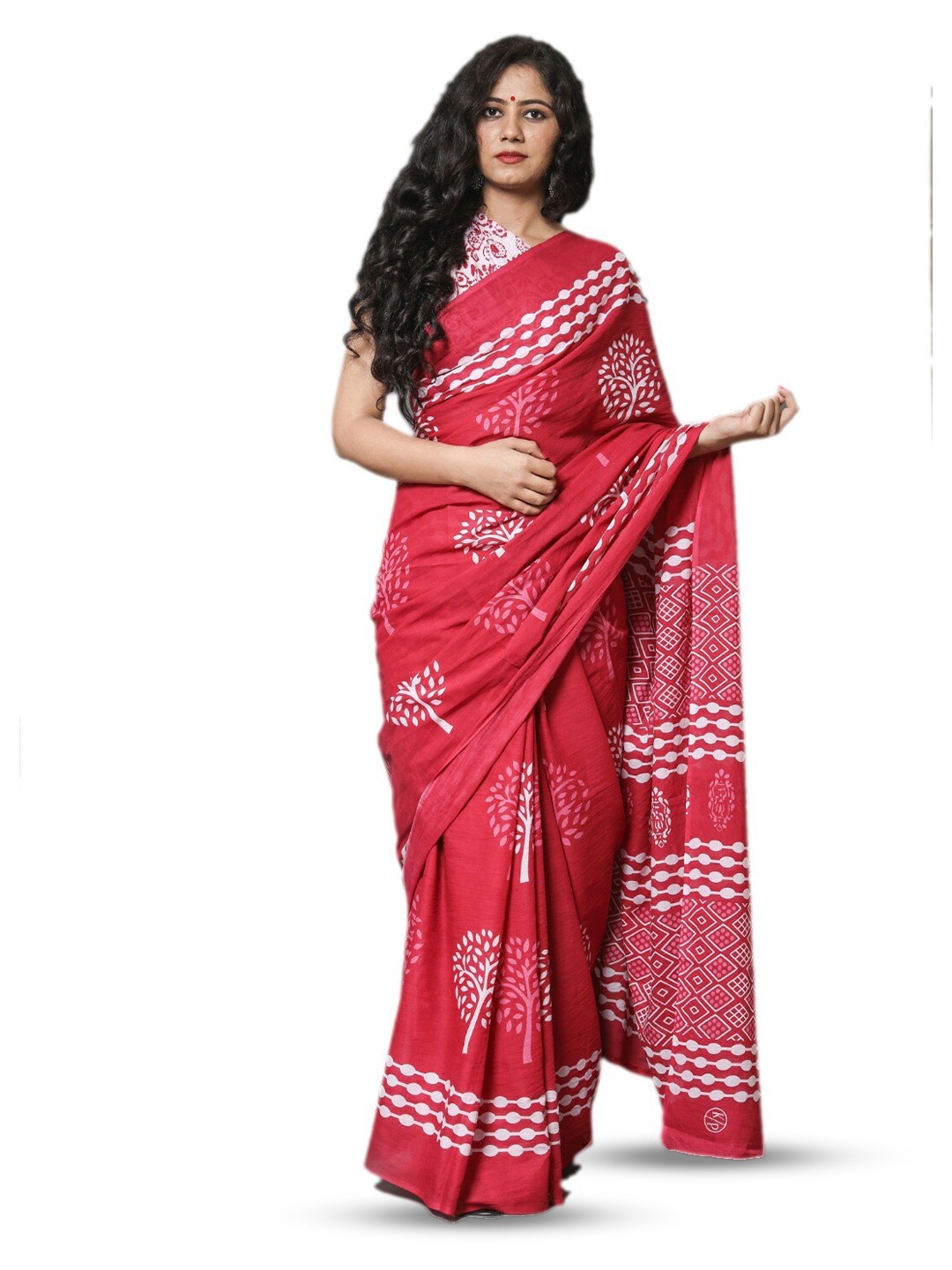 

TROPWEAR Ethnic Motifs Block Printed Pure Cotton Saree, Pink