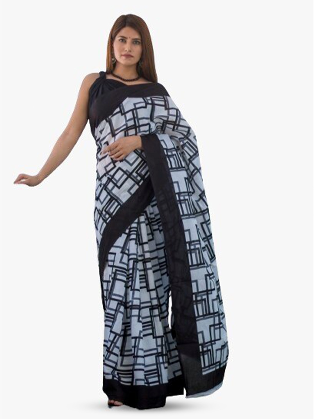 

TROPWEAR Geometric Printed Jaipuri Pure Cotton Block Print Saree, White