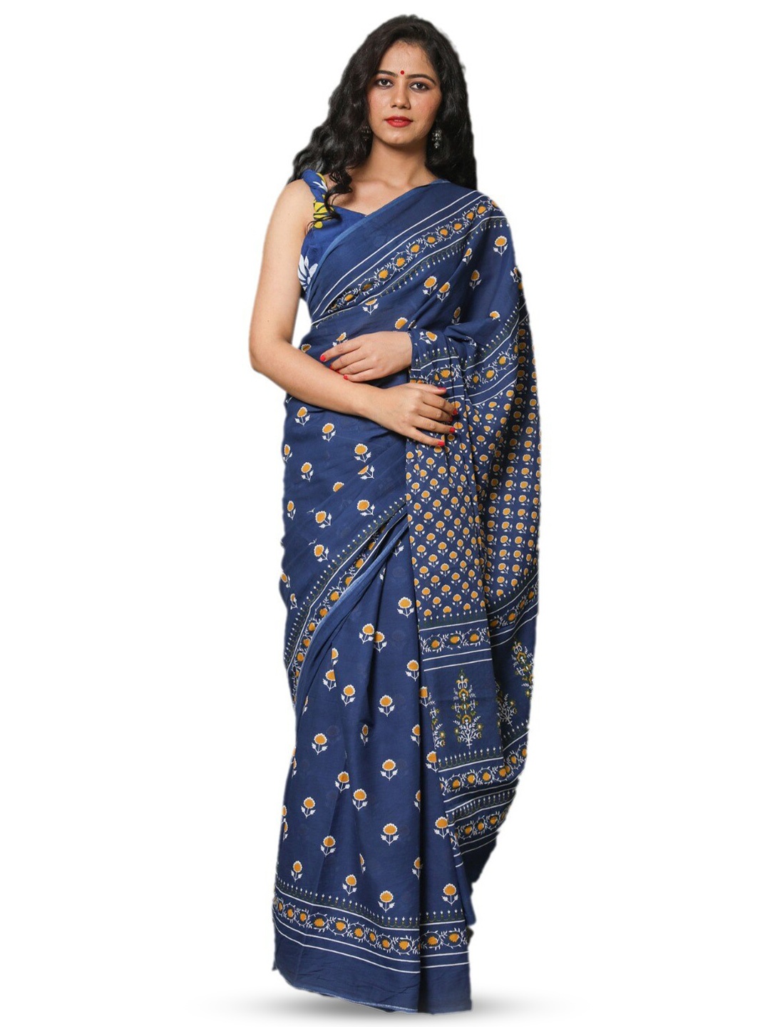 

TROPWEAR Ethnic Motifs Block Printed Pure Cotton Saree, Blue