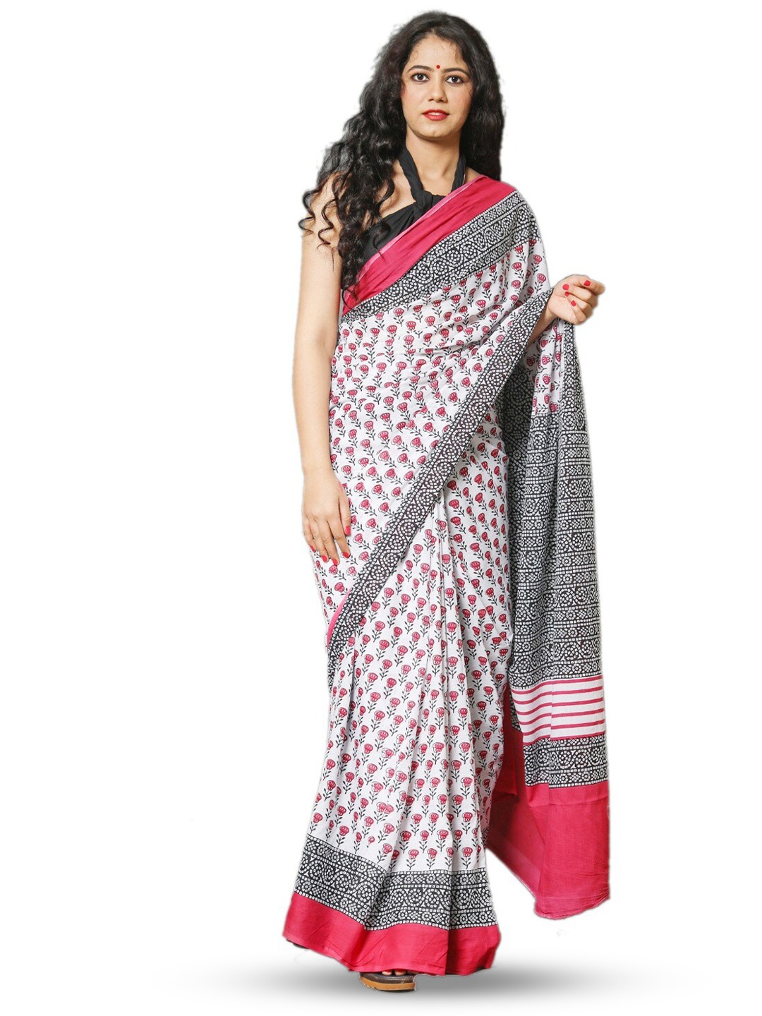 

TROPWEAR Floral Printed Pure Cotton Block Print Saree, Pink