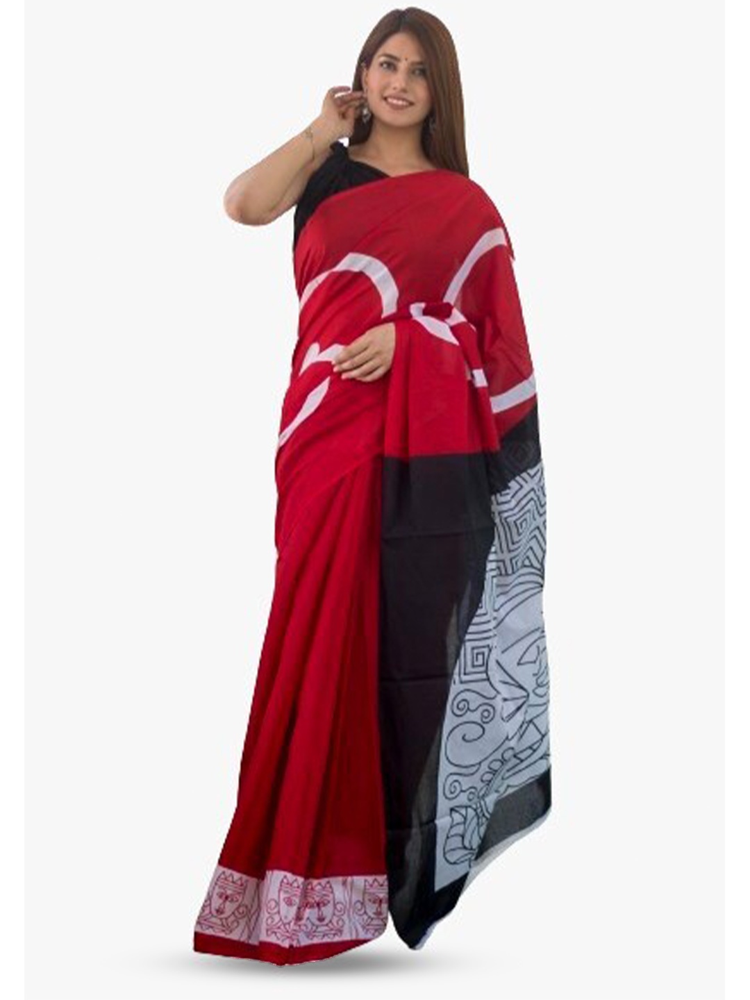 

TROPWEAR Ethnic Motifs Printed Pure Cotton Block Print Saree, Red