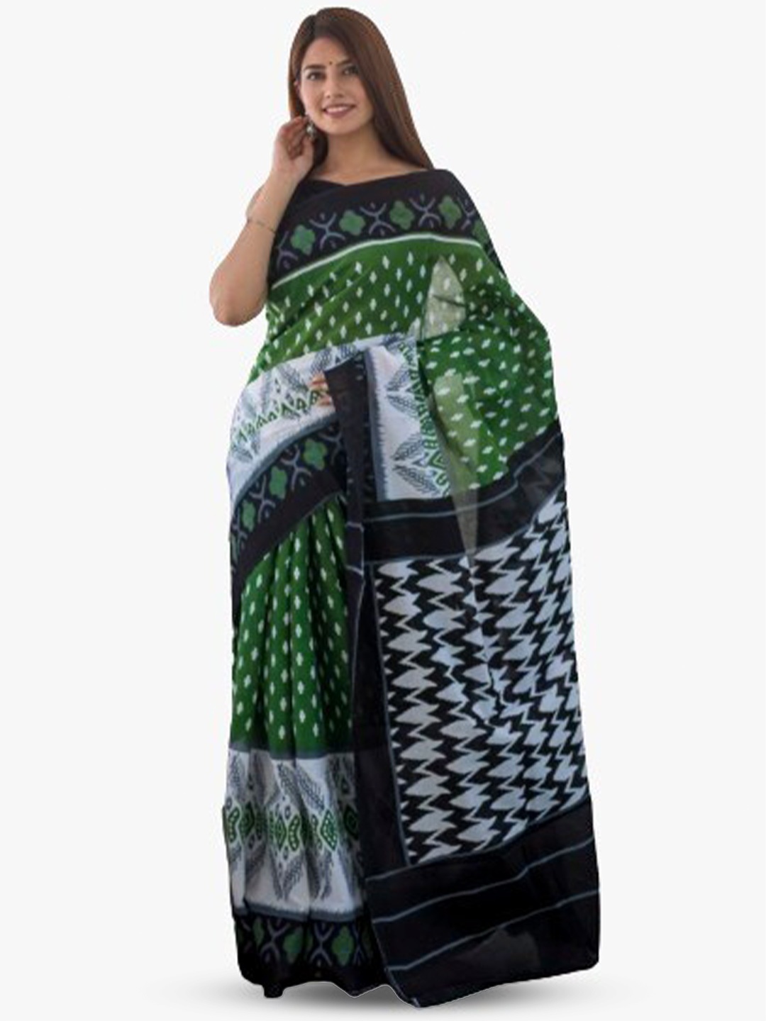 

TROPWEAR Floral Printed Pure Cotton Block Print Saree, Green