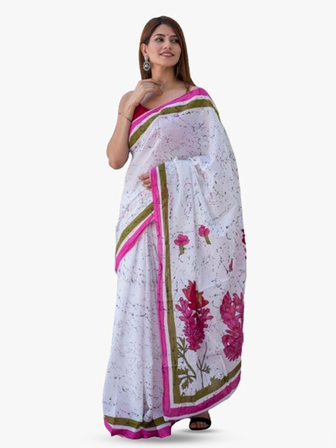 

TROPWEAR Floral Printed Pure Cotton Block Print Saree, White