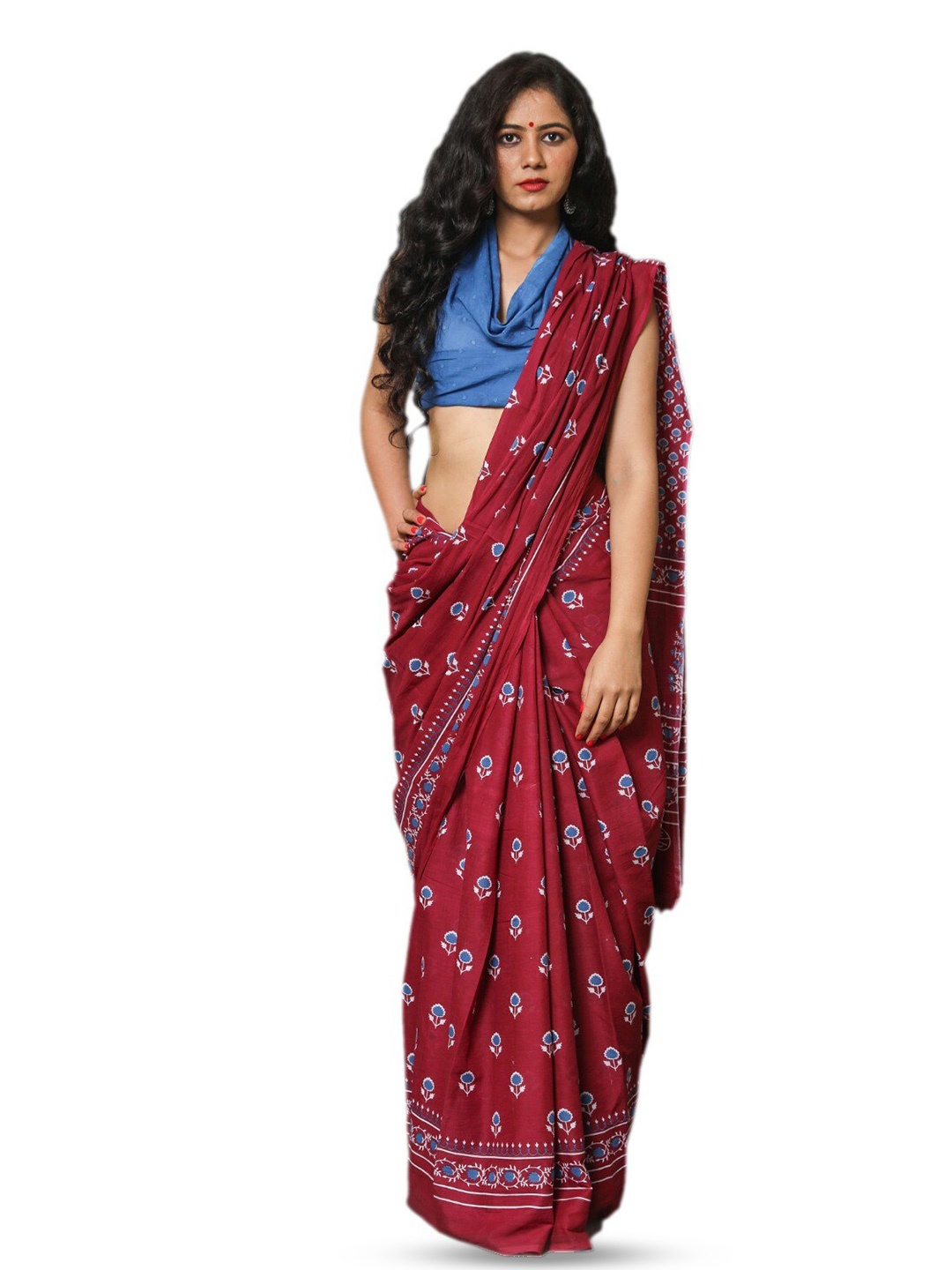 

TROPWEAR Ethnic Motifs Printed Jaipuri Pure Cotton Block Print Saree, Maroon