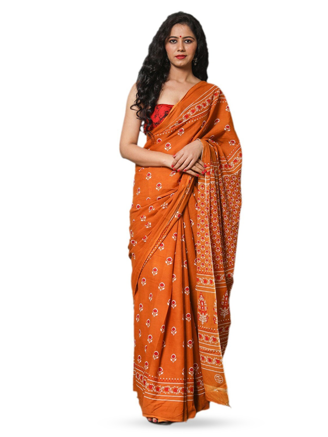 

TROPWEAR Floral Printed Pure Cotton Block Print Saree, Mustard