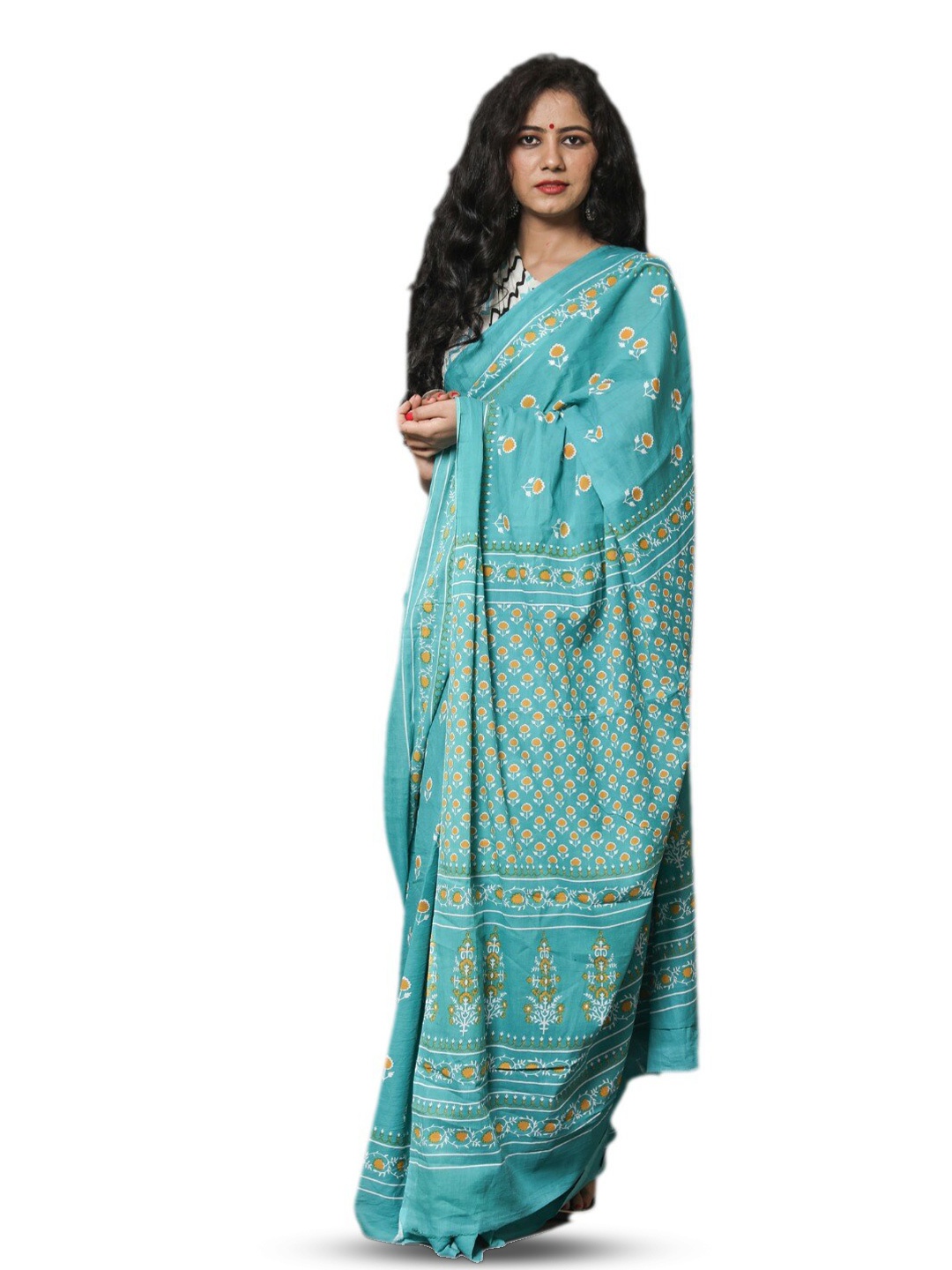 

TROPWEAR Floral Printed Pure Cotton Block Print Saree, Turquoise blue