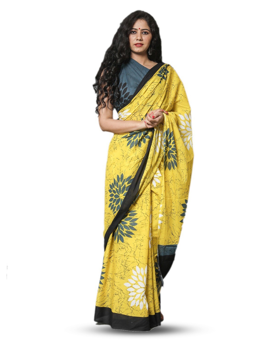 

TROPWEAR Floral Printed Pure Cotton Block Print Saree, Yellow