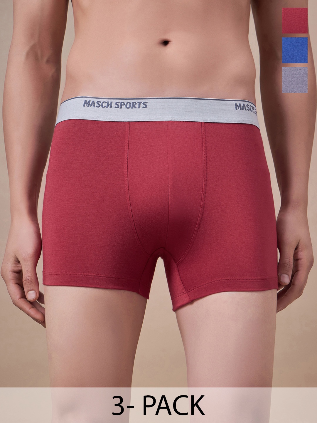

Masch Sports Pack Of 3 Antimicrobial Trunks TRK-3-SOL-ET-RED-BLU-GRY