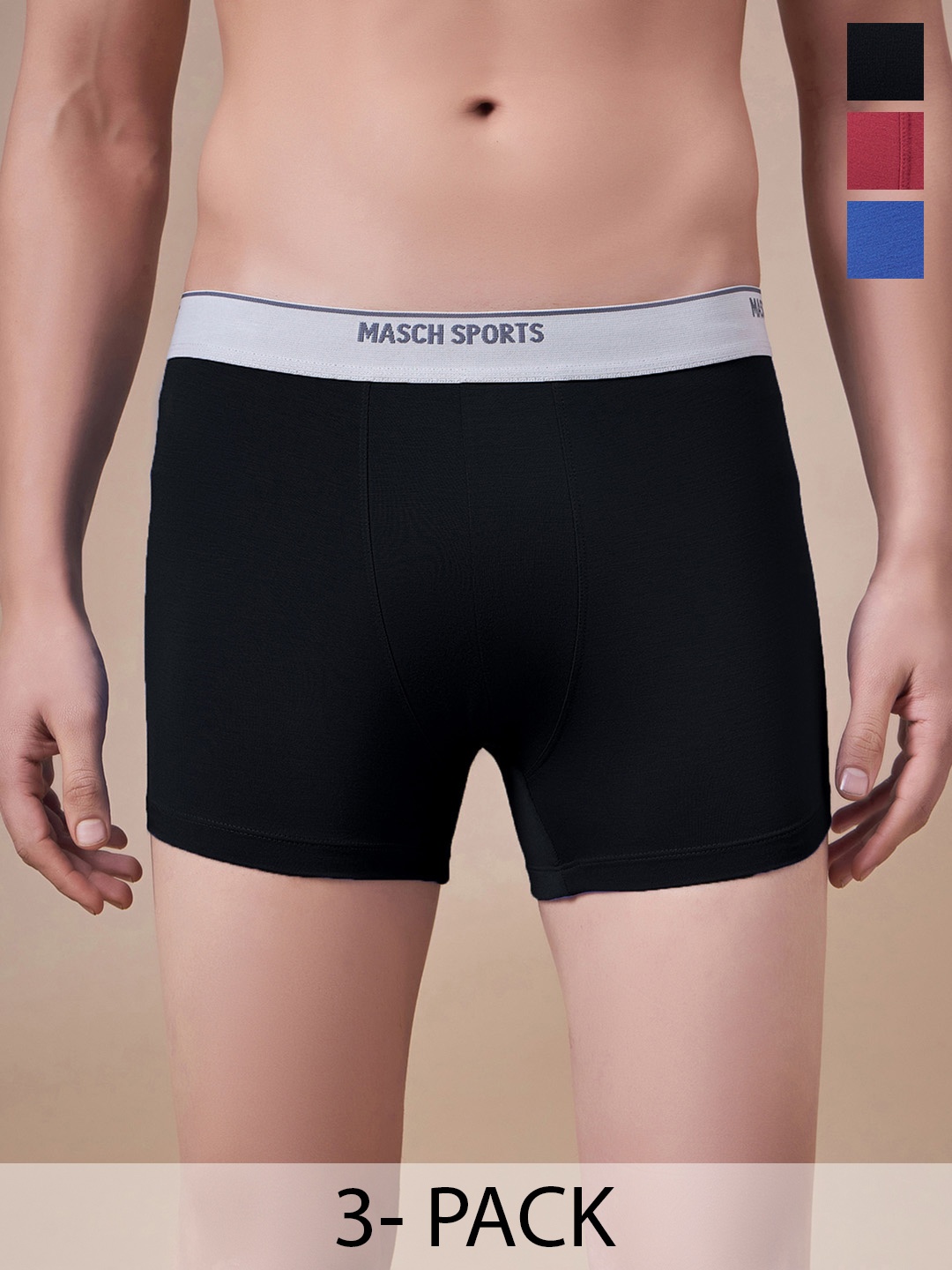 

Masch Sports Pack Of 3 Antimicrobial Trunks TRK-3-SOL-ET-BLK-RED-BLU, Black