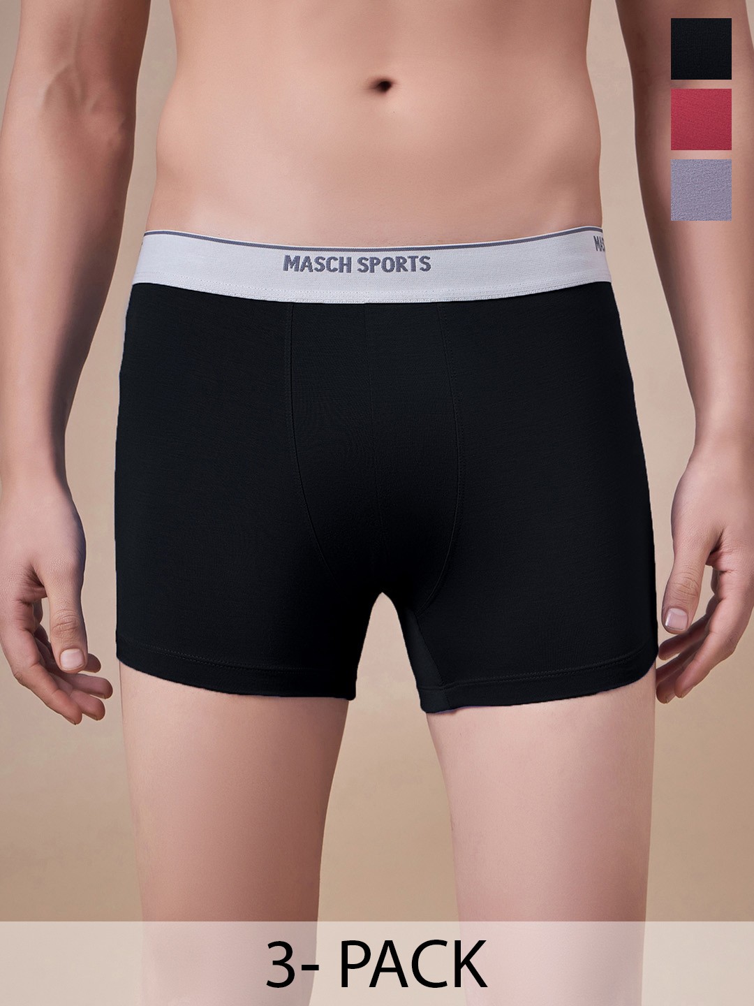 

Masch Sports Pack Of 3 Antimicrobial Trunks TRK-3-SOL-ET-BLK-RED-GR, Black