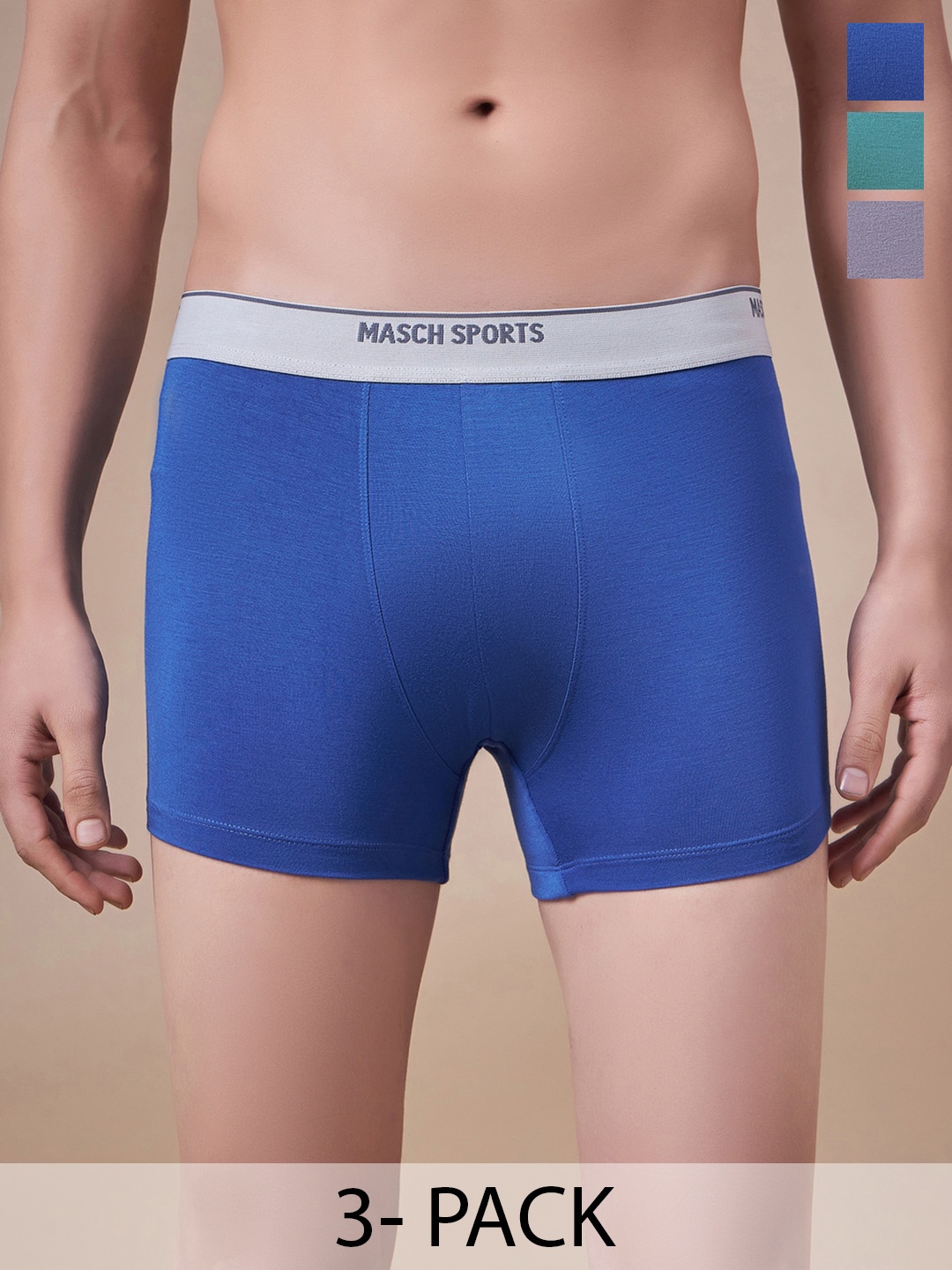

Masch Sports Pack Of 3 Antimicrobial TrunksTRK-3-SOL-ET-BLU-GRN-GRY, Blue