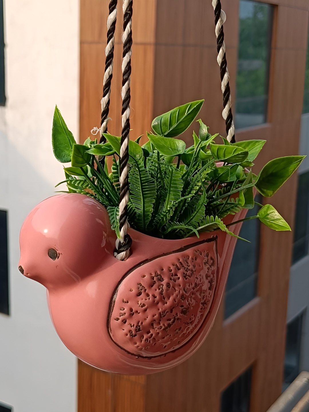 

INDIA MEETS INDIA Pink Ceramic Sparrow Shape Hanging Planter
