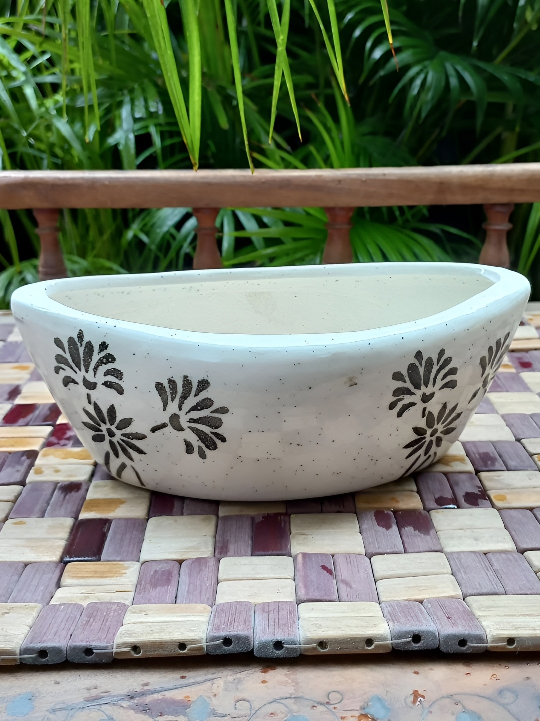 

INDIA MEETS INDIA White Ceramic Printed Boat Shaped Planter