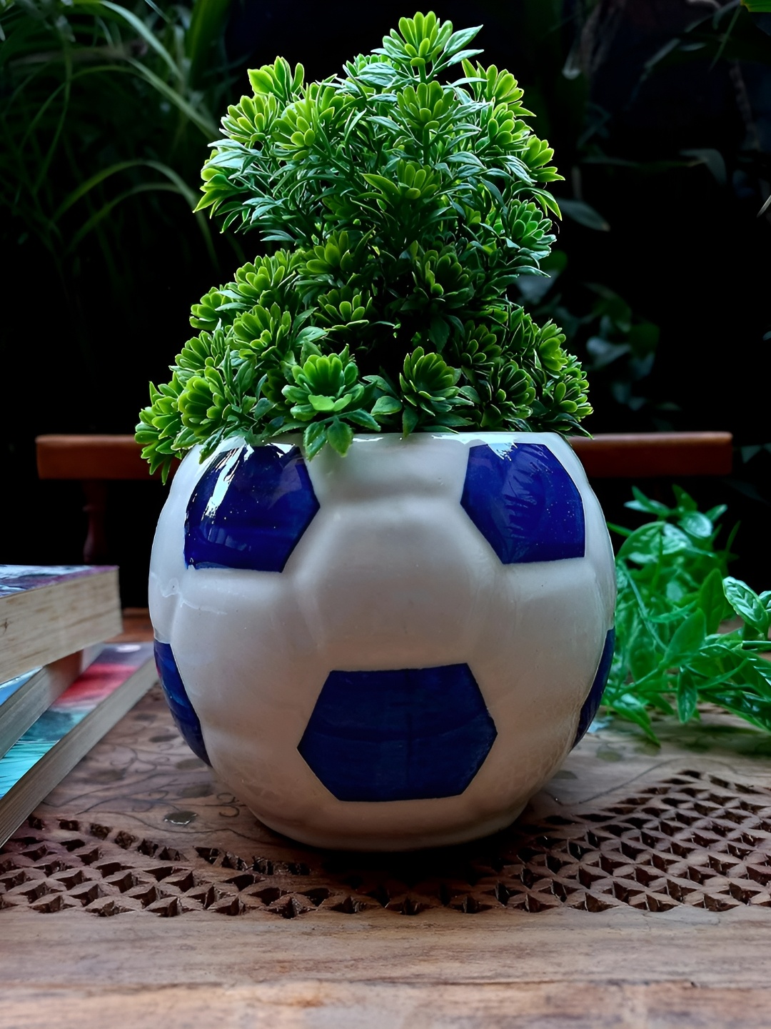 

INDIA MEETS INDIA Blue & White Ceramic Foot Ball Shaped Planter