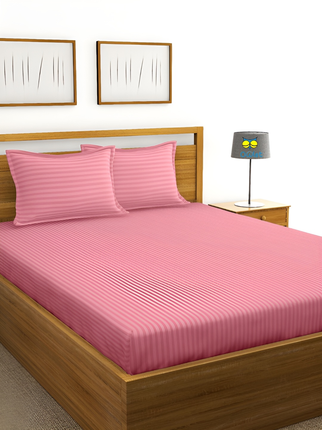 

House of Owlet Rose Pink Striped Cotton 300 TC King Bedsheet with 2 Pillow Covers