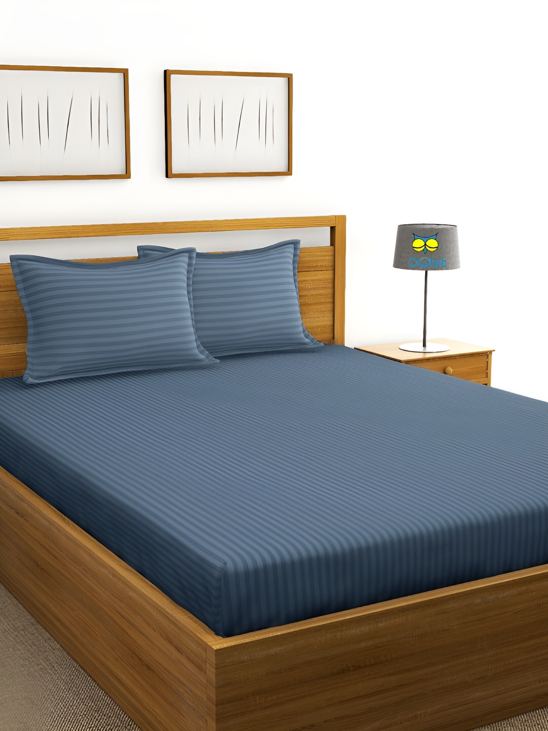 

House of Owlet Blue Striped Cotton 300 TC King Bedsheet with 2 Pillow Covers
