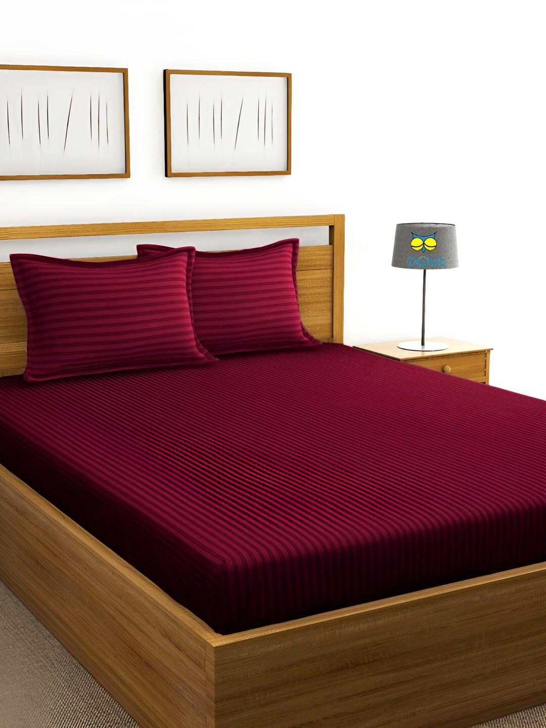 

House of Owlet Magenta Striped Cotton 300 TC King Bedsheet with 2 Pillow Covers
