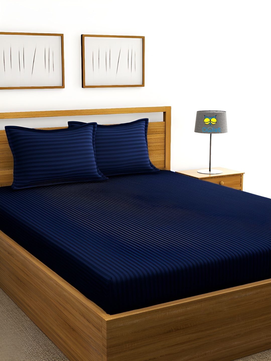 

House of Owlet Navy Blue Striped Cotton 300 TC King Bedsheet with 2 Pillow Covers