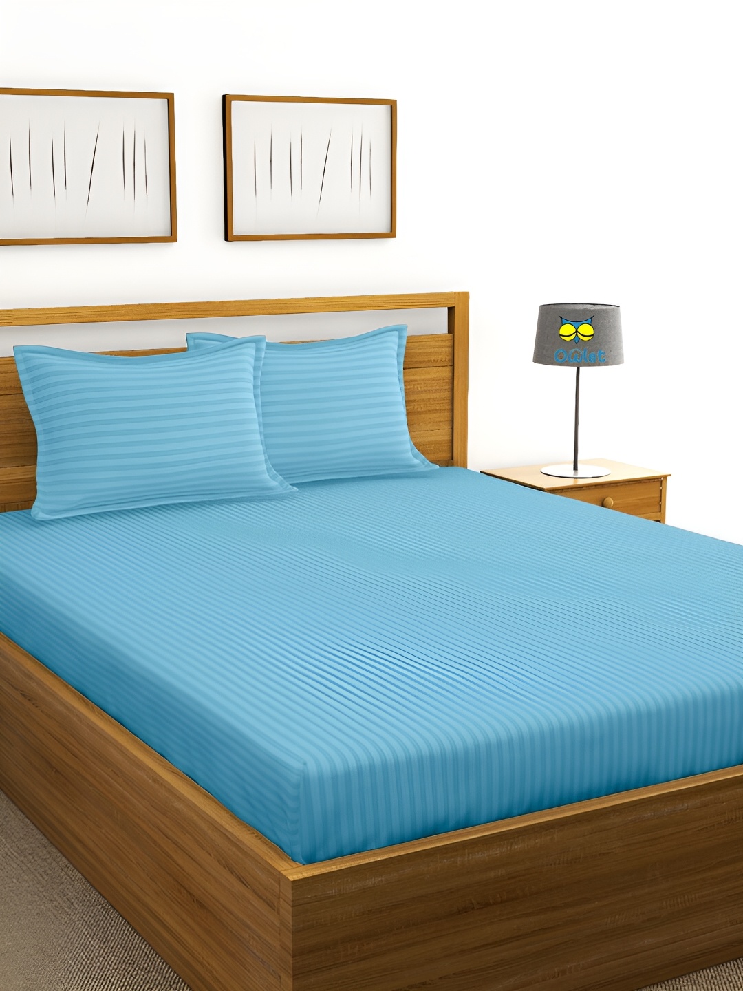 

House of Owlet Blue Striped Cotton 300 TC King Bedsheet with 2 Pillow Covers