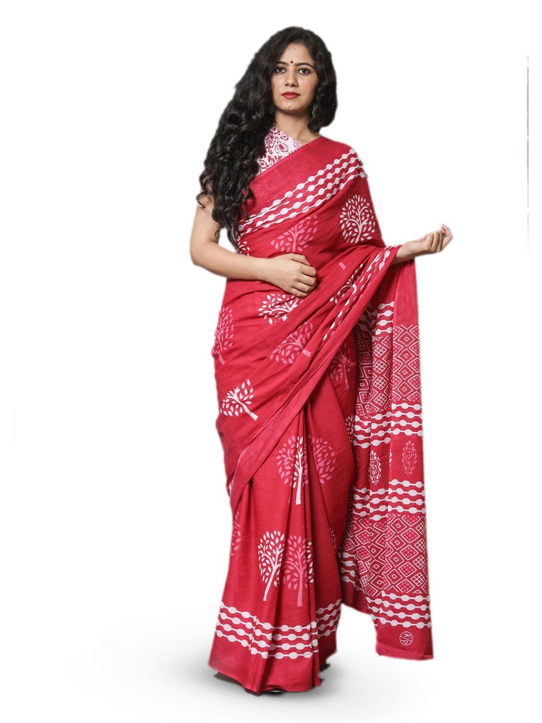 

KIAARON Ethnic Motifs Pure Cotton Block Print Saree, Pink