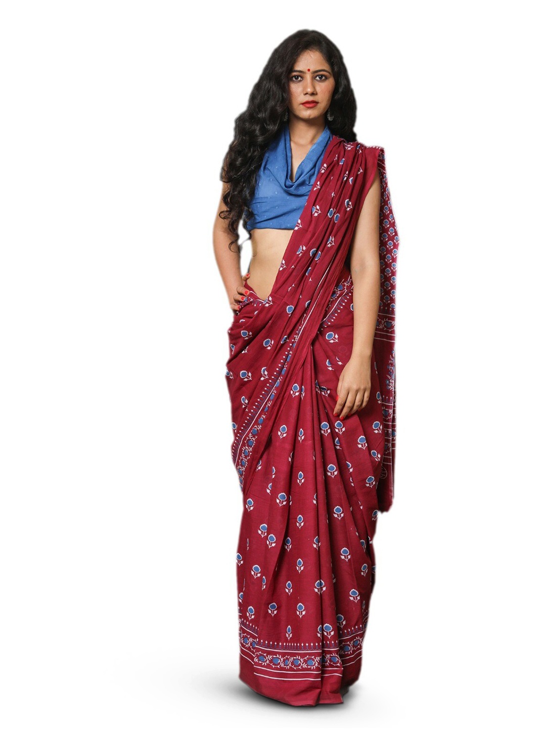 

KIAARON Floral Pure Cotton Block Print Saree, Maroon