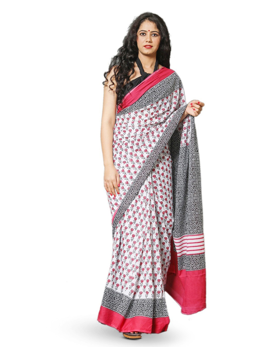 

KIAARON Floral Pure Cotton Block Print Saree, Pink