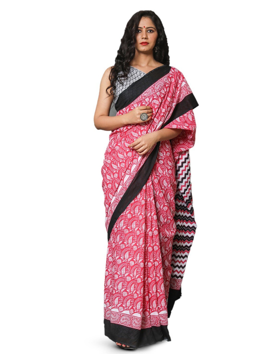 

KIAARON Paisley Pure Cotton Block Print Saree, Pink