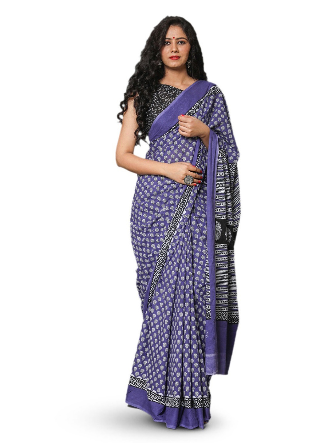 

KIAARON Floral Pure Cotton Block Print Saree, Blue