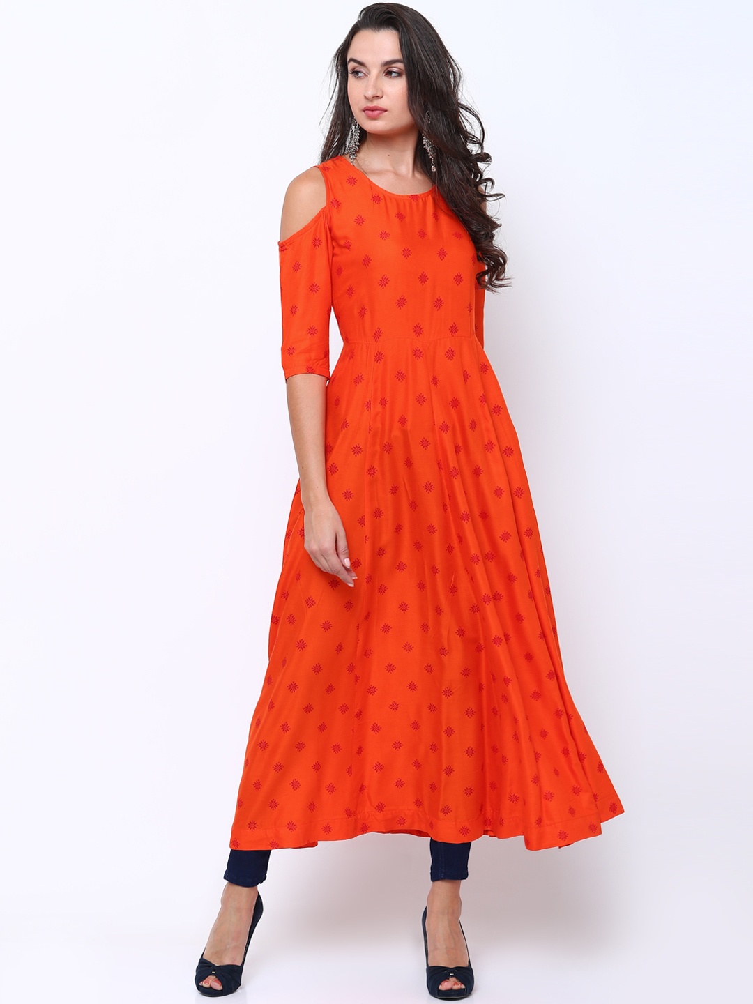 

Vishudh Women Orange Printed Cold Shoulder Anarkali Kurta