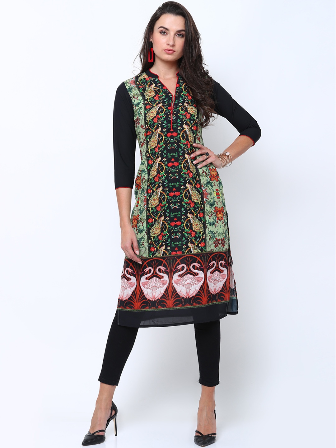 

Vishudh Women Green & Black Printed Straight Kurta
