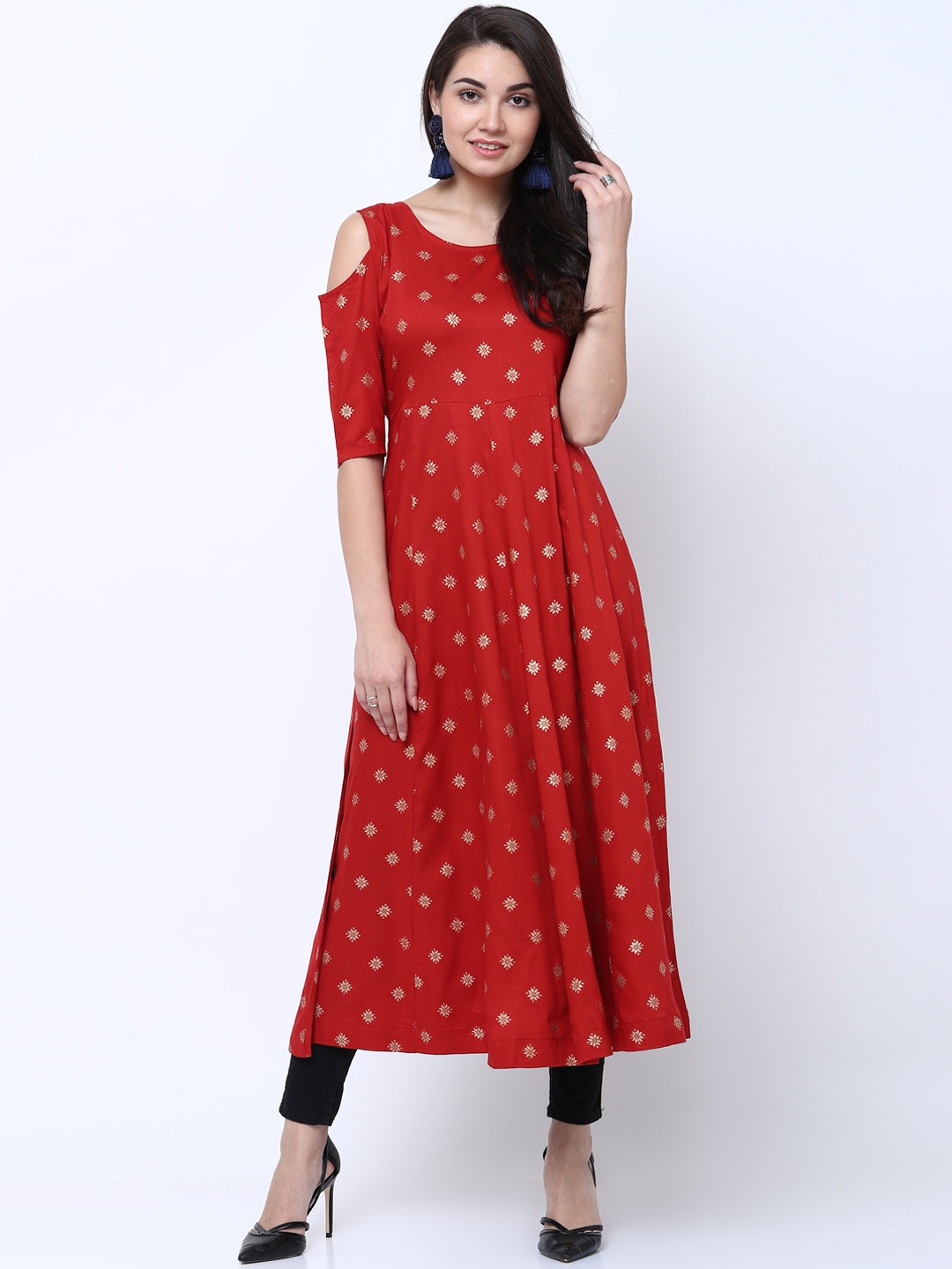 

Vishudh Women Rust Printed Cold Shoulder Anarkali Kurta