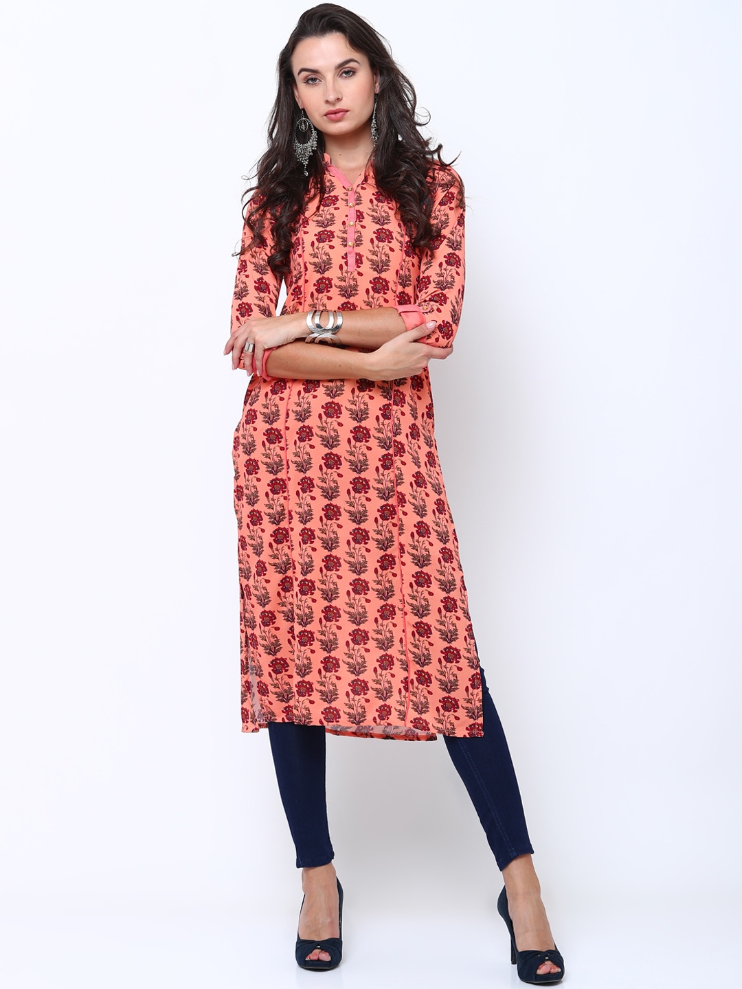 

Vishudh Women Peach-Coloured Printed Straight Kurta