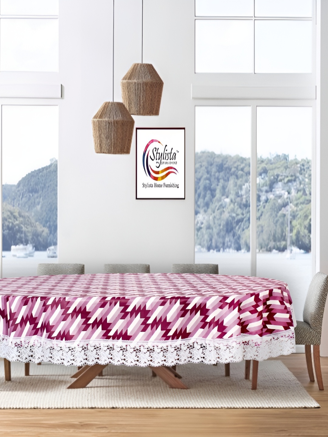 

Stylista Purple & White Geometric Waterproof Oval 8-Seater Table Cover