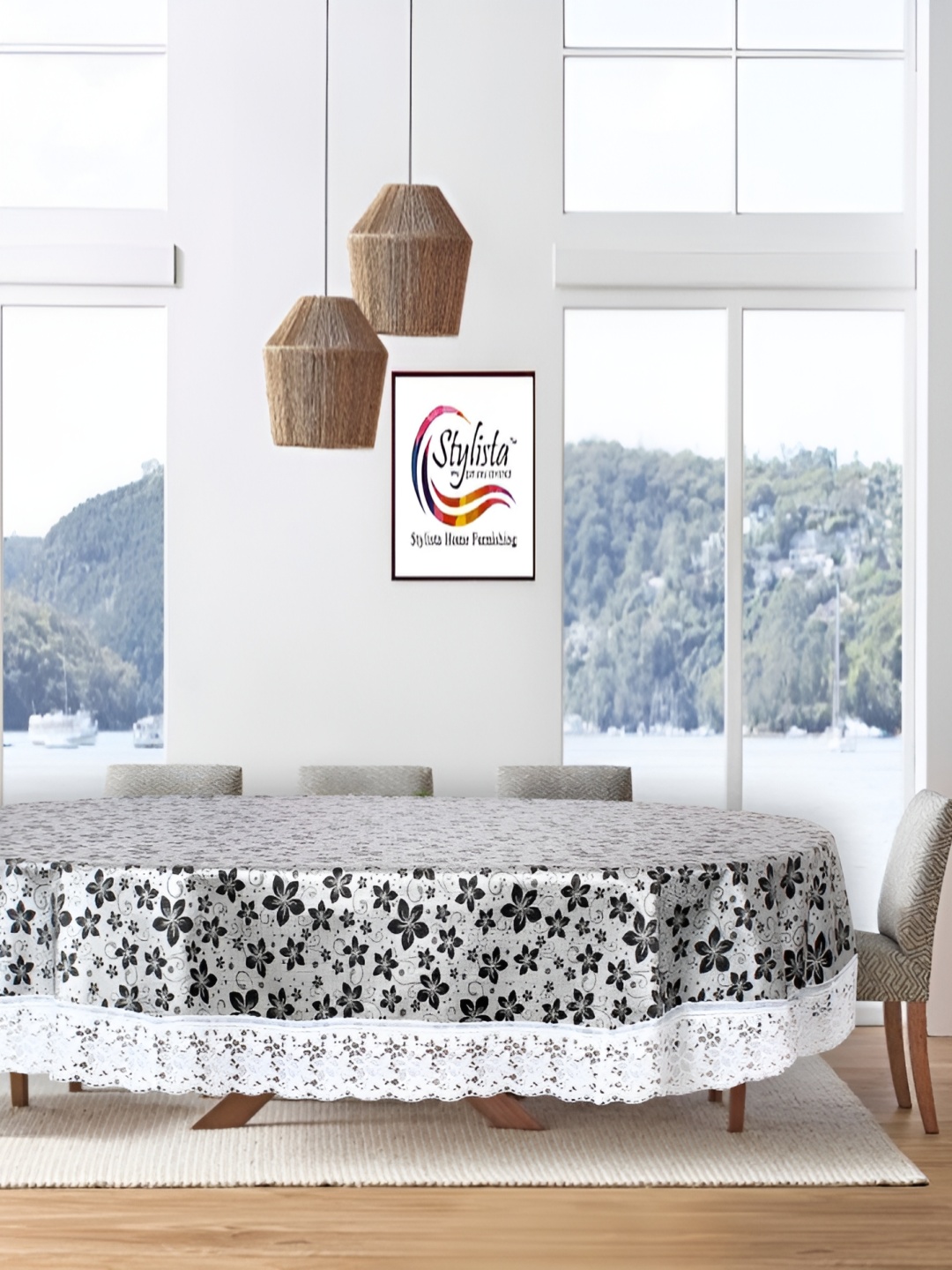 

Stylista White Black & White Floral Printed Oval 8-Seater Table Cover
