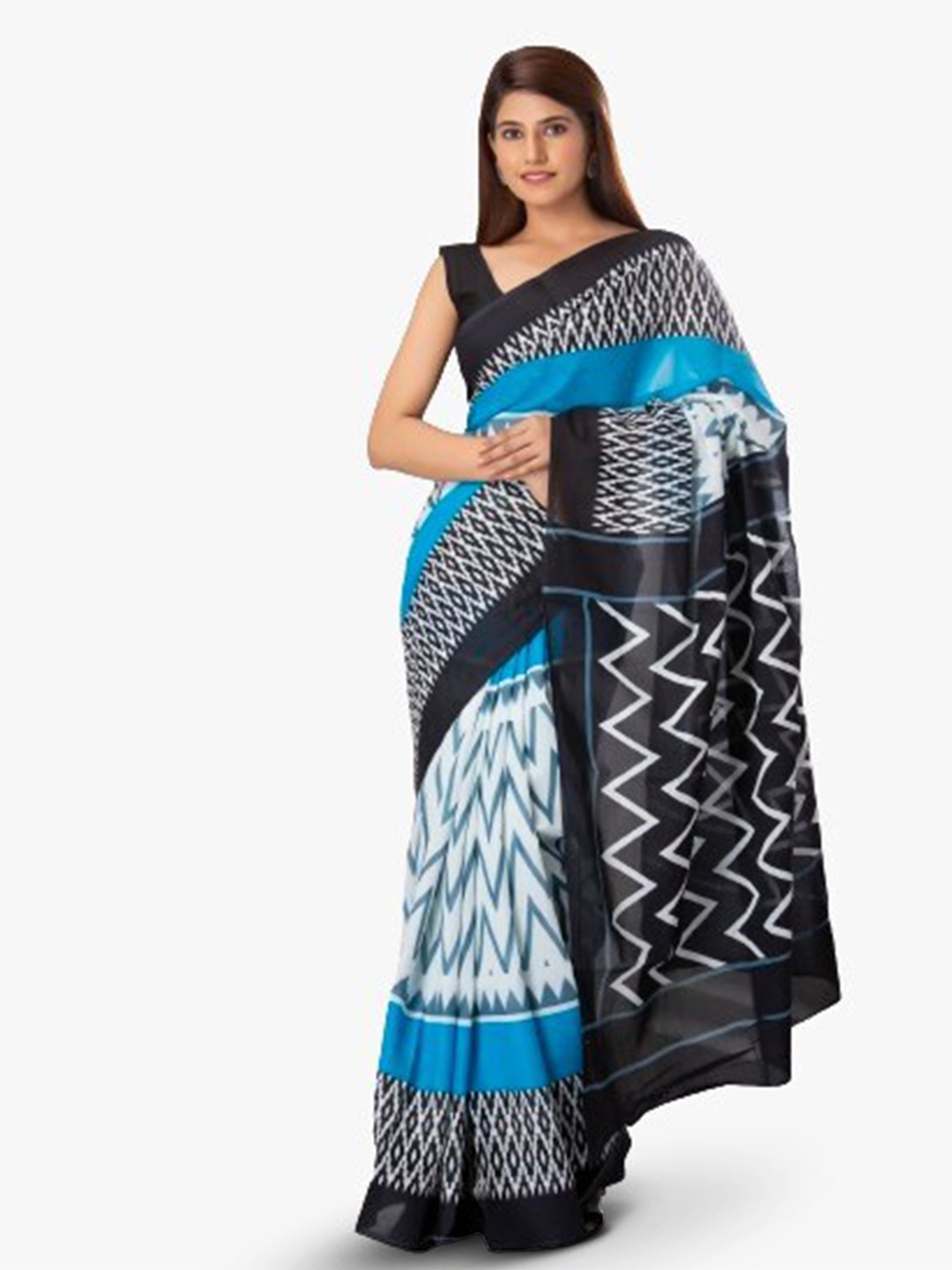 

KIAARON Geometric Pure Cotton Block Print Saree, Blue