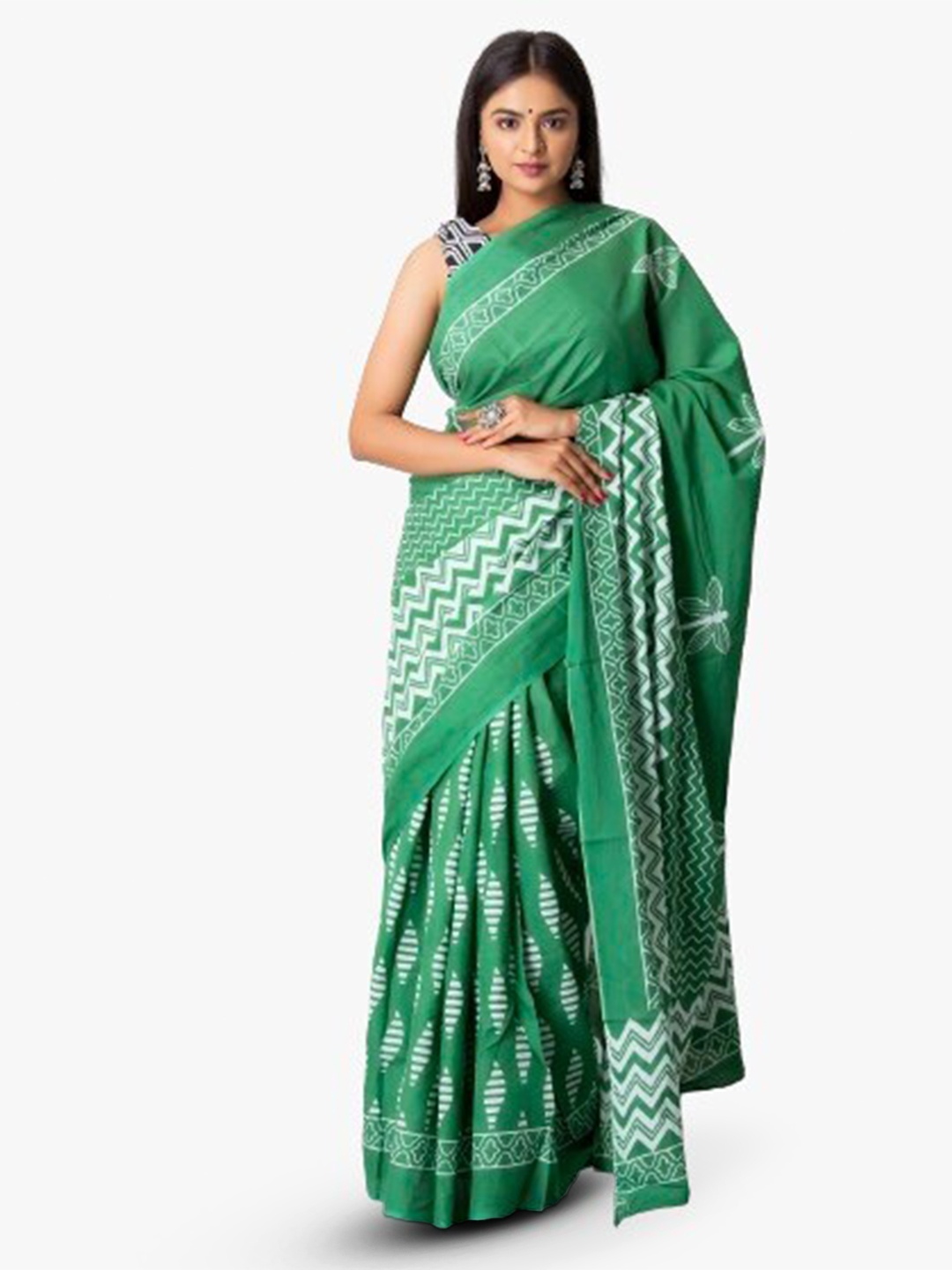 

KIAARON Geometric Printed Pure Cotton Block Print Saree, Green