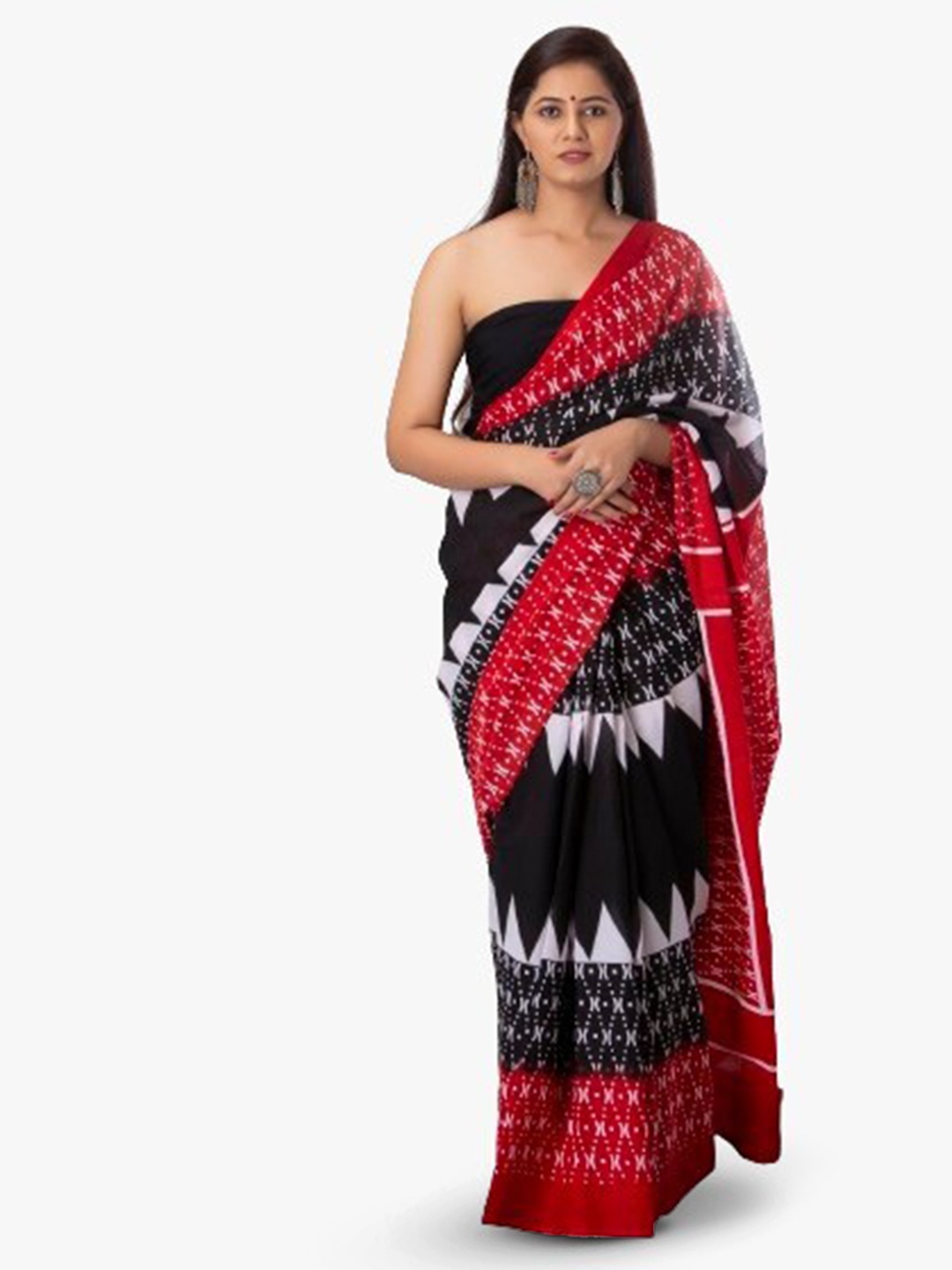 

KIAARON Geometric Printed Pure Cotton Block Print Saree, Black