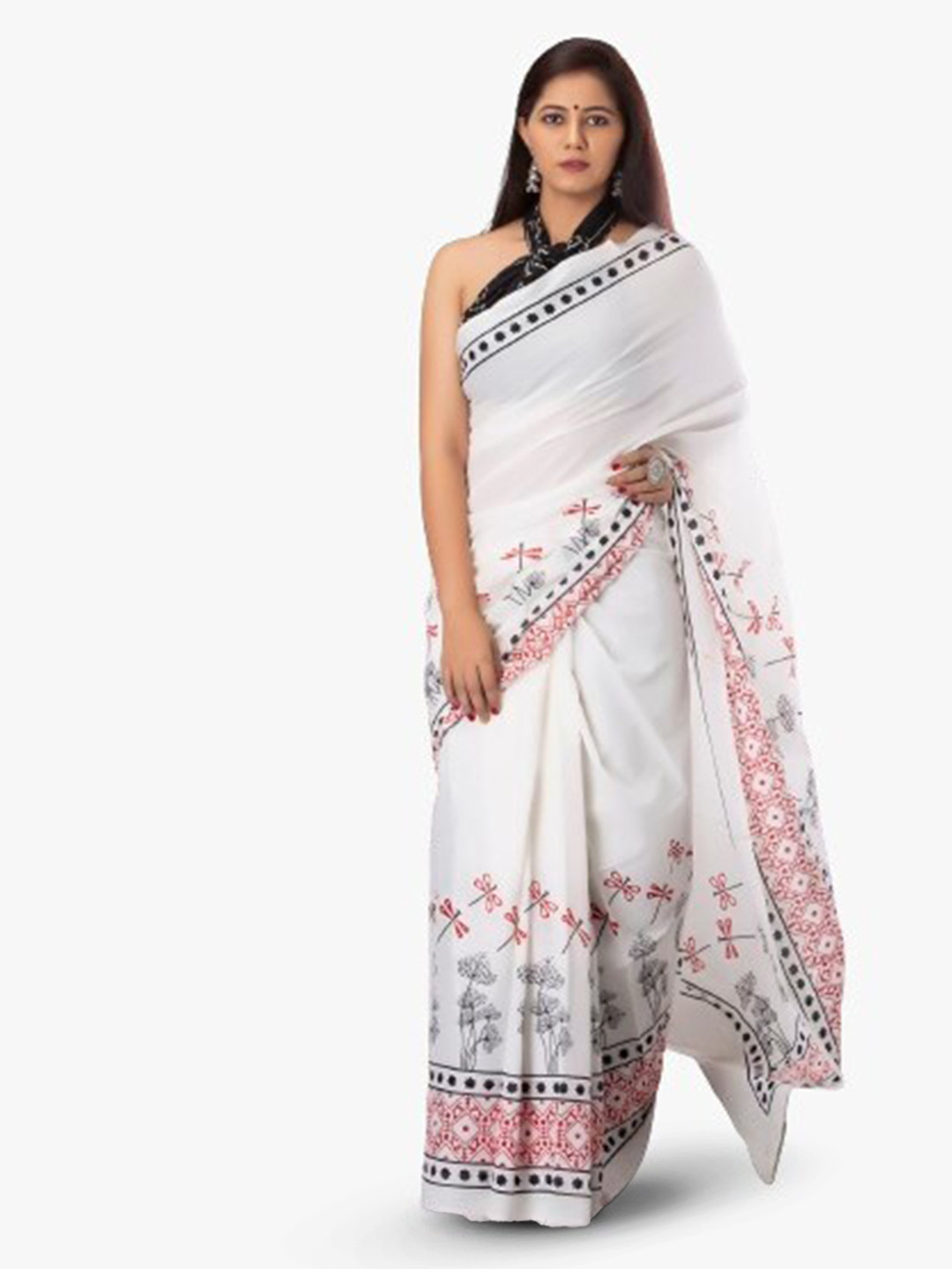 

KIAARON Floral Printed Pure Cotton Block Print Saree, White