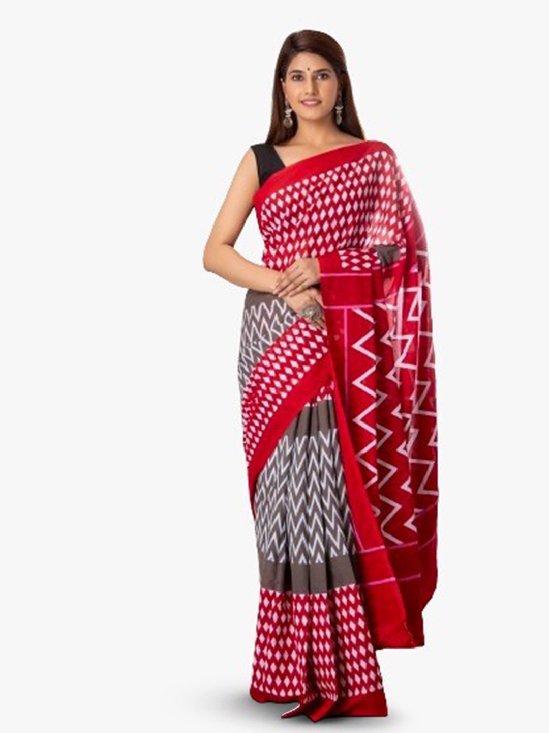 

KIAARON Geometric Printed Pure Cotton Block Print Saree, Red