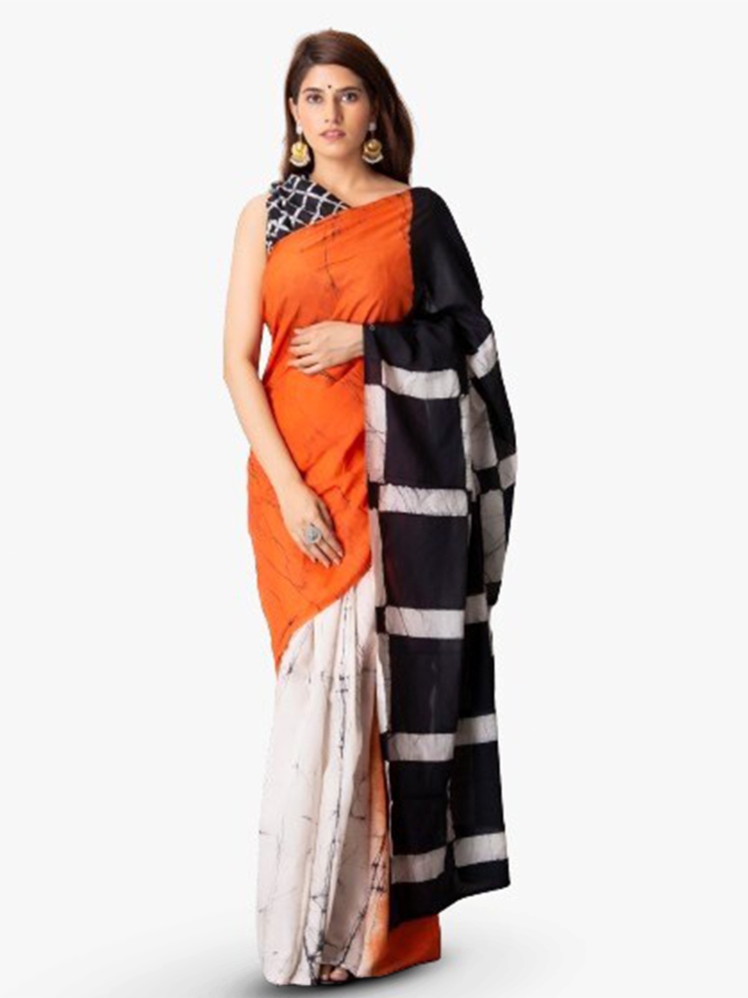 

KIAARON Colourblocked Tie & Dye Printed Pure Cotton Saree, Orange